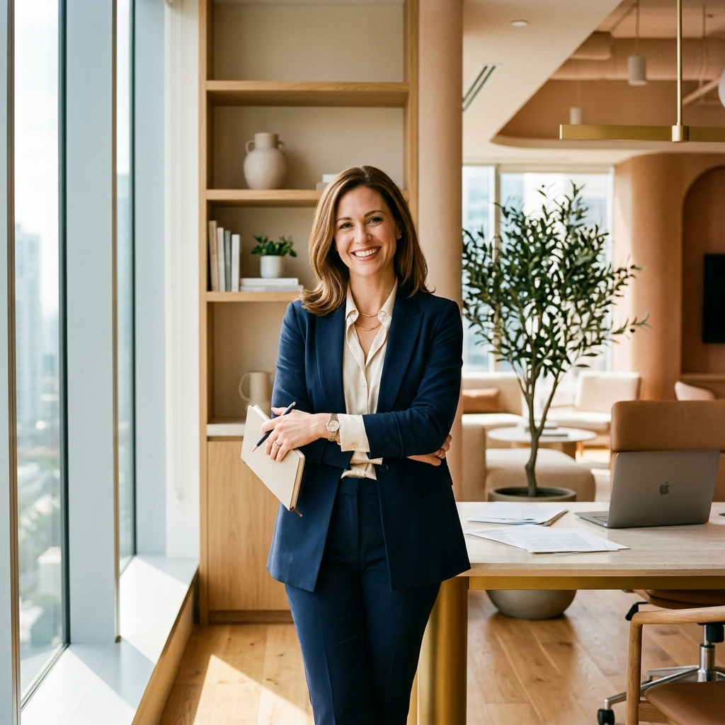 Proprietária sorridente em um escritório iluminado e moderno de imobiliária