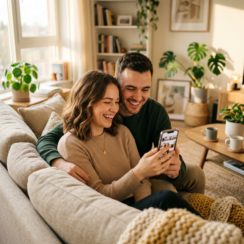 Inquilinos felizes visualizando milhas acumuladas no celular em um apartamento ensolarado
